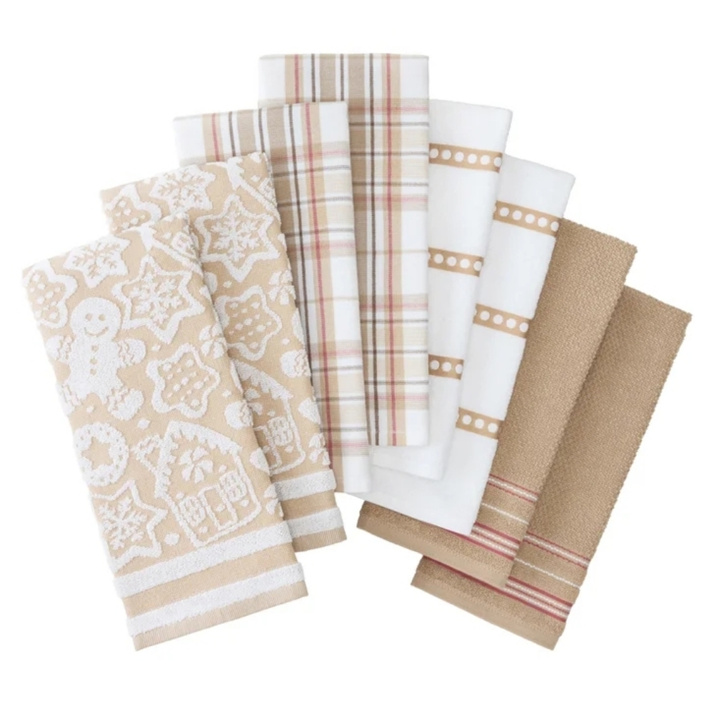 Plaid and Patterned Kitchen Towel Set - Beige and White